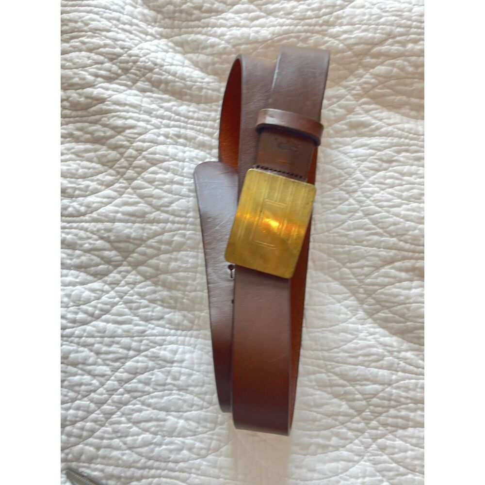 Polo Ralph Lauren Vintage Mens Brown Leather Belt Brass Plaque Buckle 42 Preppy